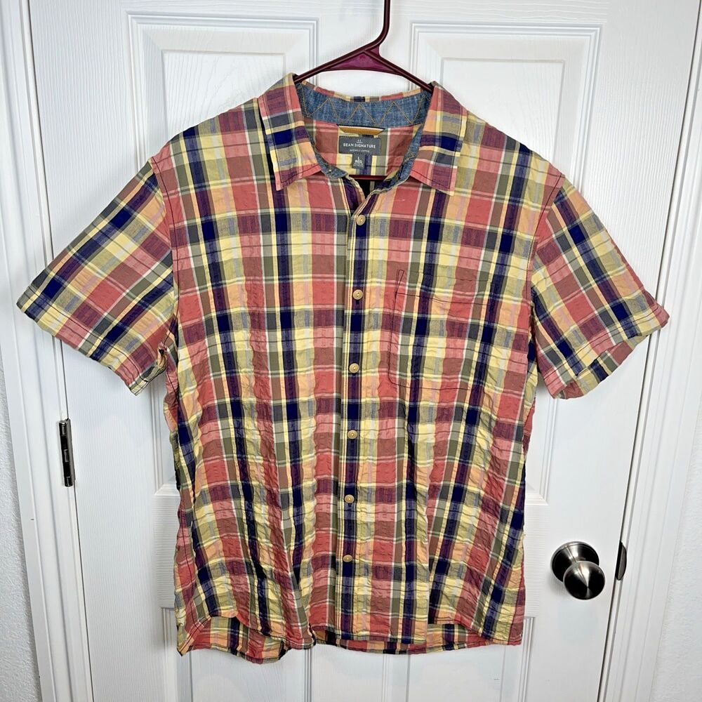 LL Bean 100% Cotton Slight Fit Short Sleeve Button Multicolor Shirt Mens Large